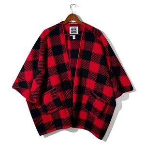 Muk Luks Shawl Wrap Fleece Cardigan Red Buffalo Plaid Open Front Size L